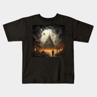 Mystical Sanctuary: Enigmatic Cathedral Amidst Celestial Orbs and Golden Forests Kids T-Shirt